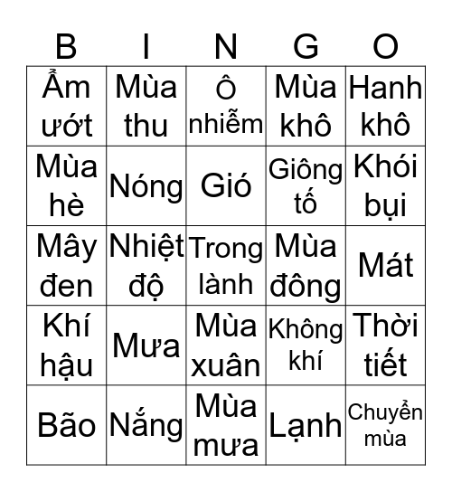 Tiếng Việt Bingo Card