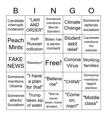 Trump vs Biden Round 1 Bingo Card