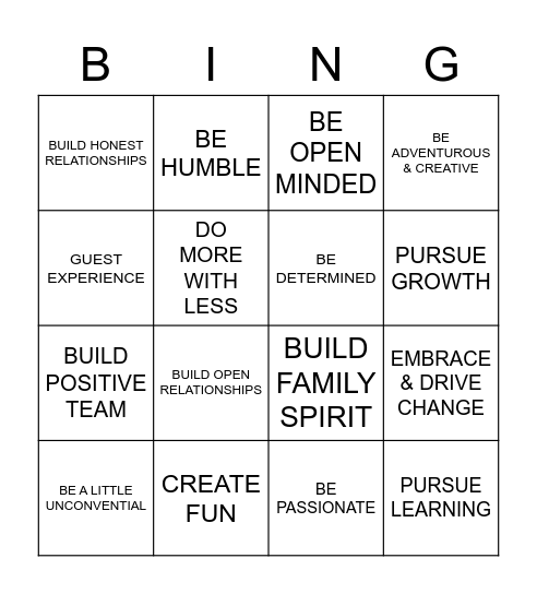 10 CORE VALUES Bingo Card