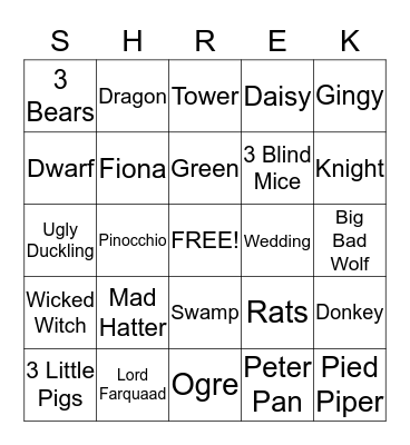 Shrek Bingo Card