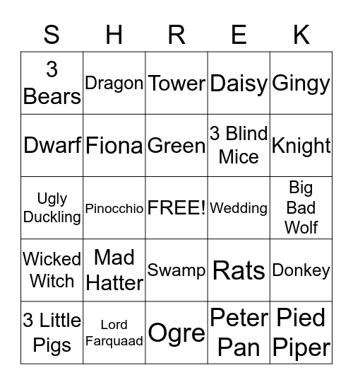 Shrek Bingo Card