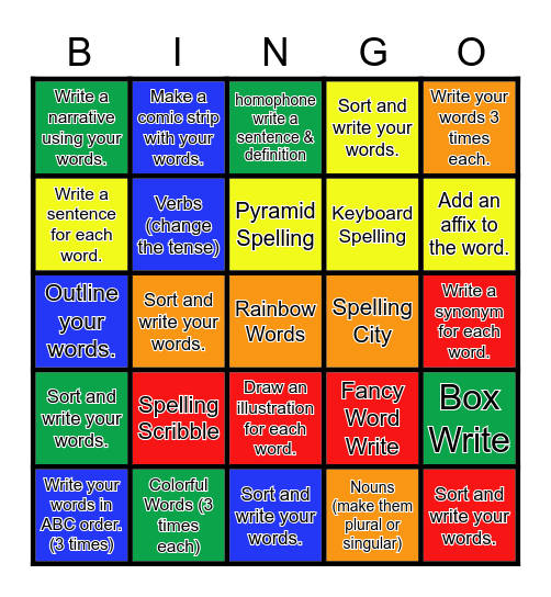 Words Their Way Spelling Bingo Card