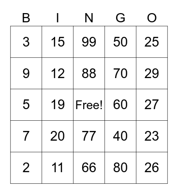 ASL Numbers Bingo Card