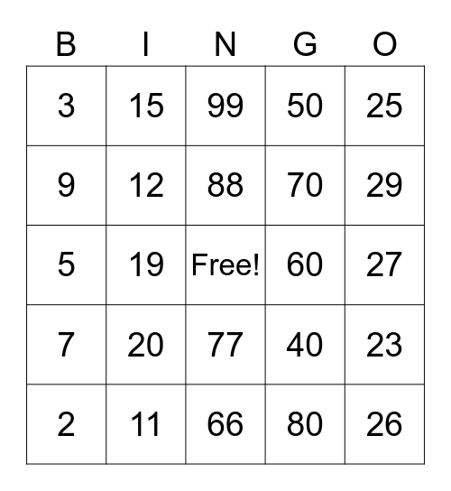 ASL Numbers Bingo Card