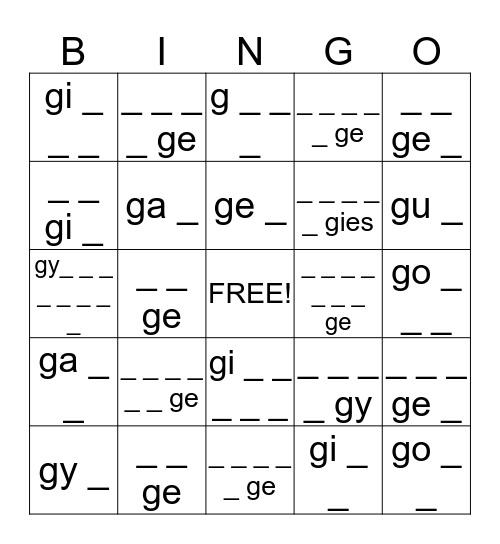 Spelling words with the soft g Bingo Card