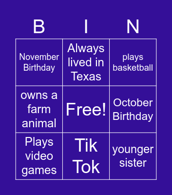my bingo list Bingo Card