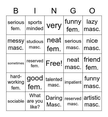 Lotería: Los Adjetivos Bingo Card