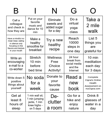 October Wellness Challenge Bingo Card