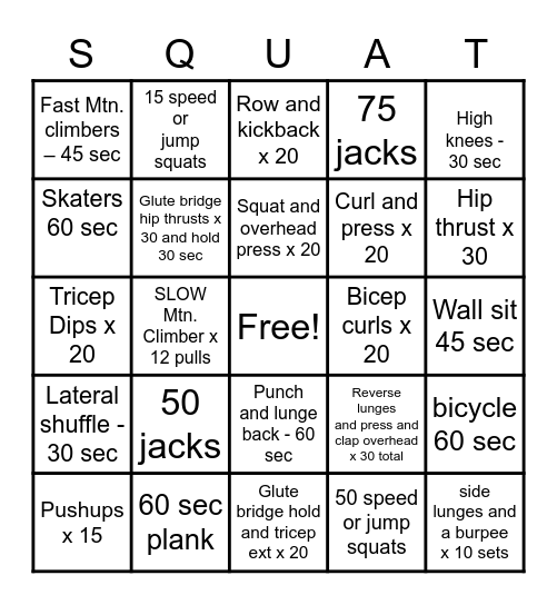 Sweat From Home Bingo Card