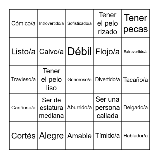 Los Adjetivos Bingo Card