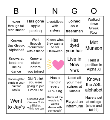 Alpha Xi Sister Bingo Card