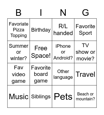 Get to know you Bingo Card