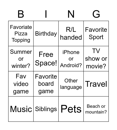 Get to know you Bingo Card