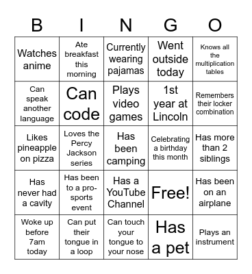 Get to Know the Class Bingo Card