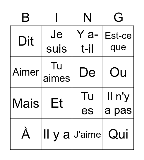 Français Leçon 10 Bingo Card
