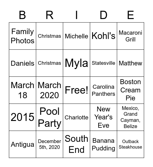 Brooke's Bridal Bingo Card