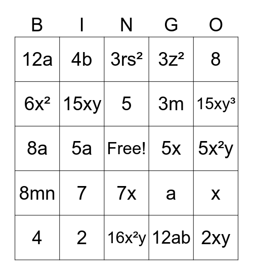 Factoring by GCF Bingo Card