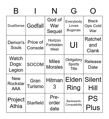 September PS5 Showcase Bingo Card