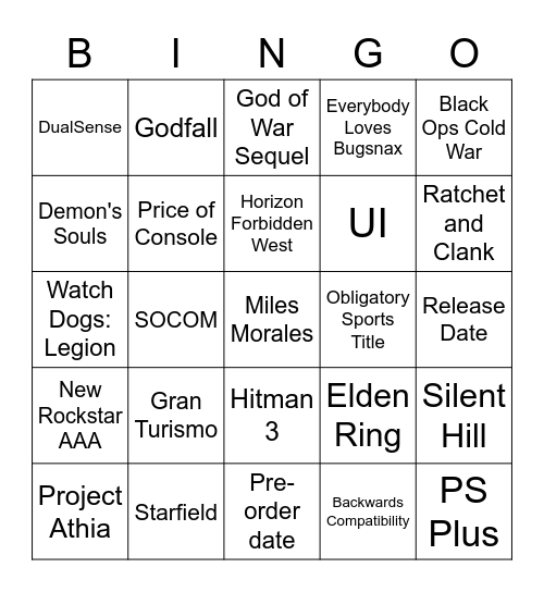 September PS5 Showcase Bingo Card