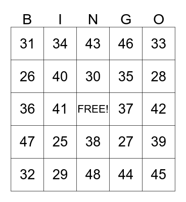 NUMBER BINGO Card