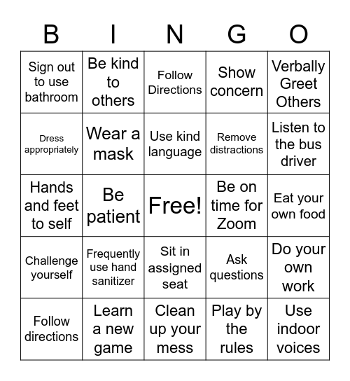 Behavior Matrix Bingo Card