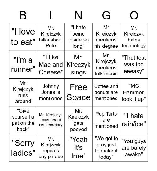 Kirejczyk Bingo Card