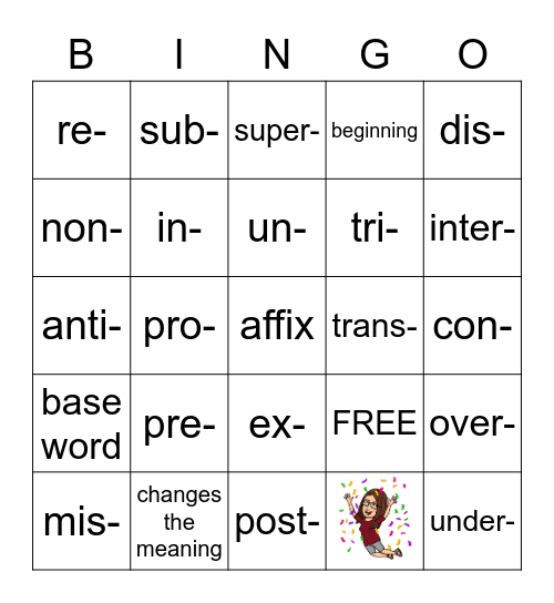 Prefixes Bingo Card