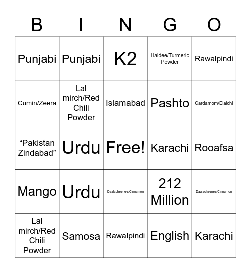 Desi Bingo Card