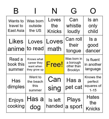 Get to know your advisory! Bingo Card