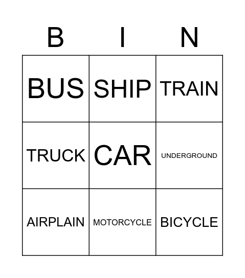 MEANS OF TRANSPORTATION Bingo Card