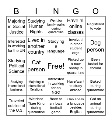 UNA Welcome Mixer Bingo Card