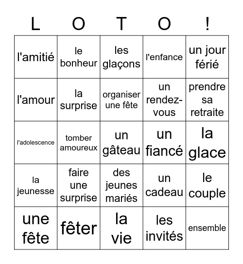 La leçon 6A - Surprise! Bingo Card