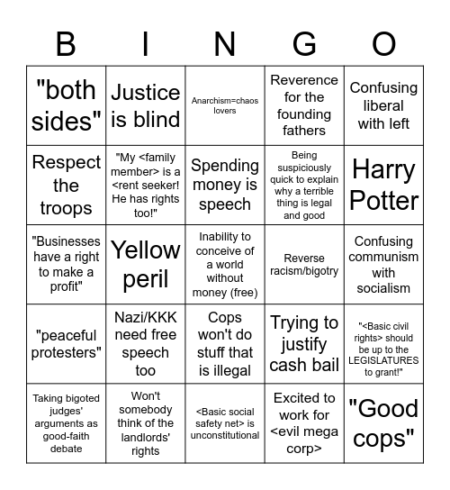 Law School Liberalism Bingo Card