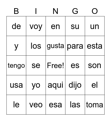 Palabras De Vista Bingo Card