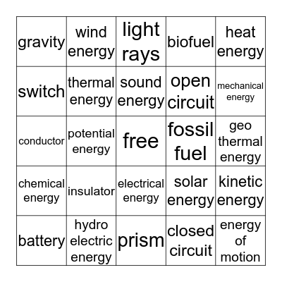forces, motion and energy Bingo Card