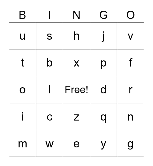 lowercase letters Bingo Card