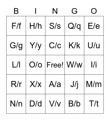 uppercase and lowercase letters Bingo Card