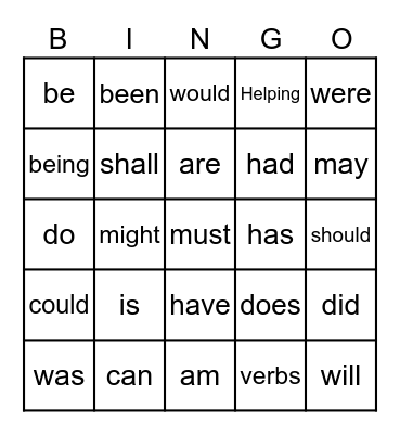 Helping Verbs Song Bingo Card