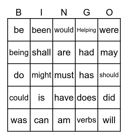 Helping Verbs Song Bingo Card