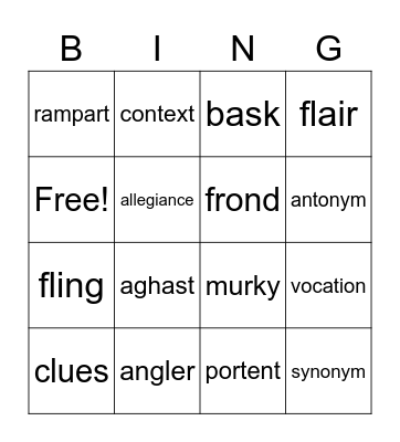 Context Clue Vocabulary Bingo Card