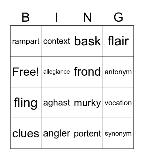 Context Clue Vocabulary Bingo Card