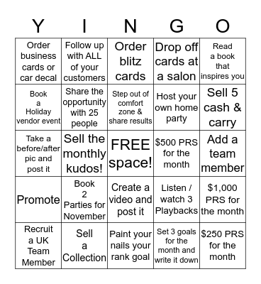 November Team Incentive! Bingo Card