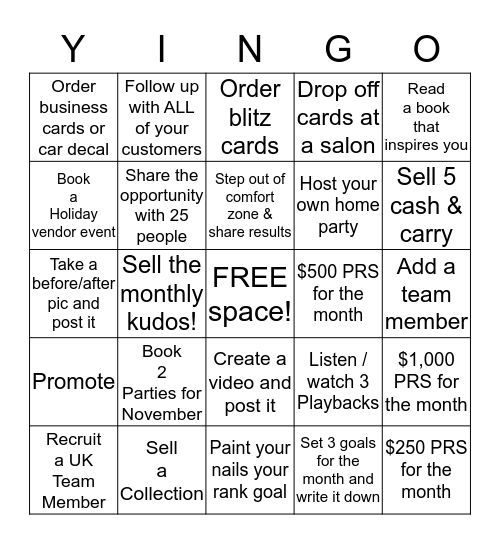 November Team Incentive! Bingo Card