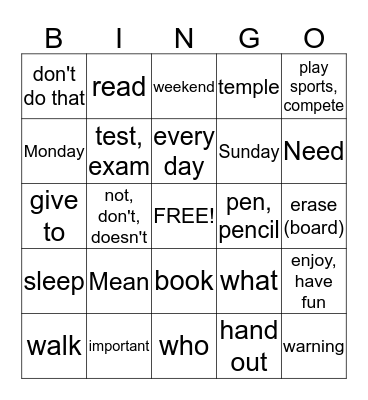 Master ASL! Unit 2 Vocabulary Bingo Card