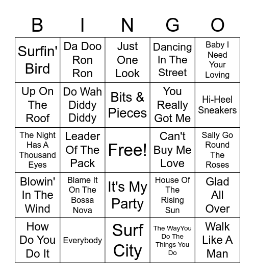 60s Hits Bingo Card