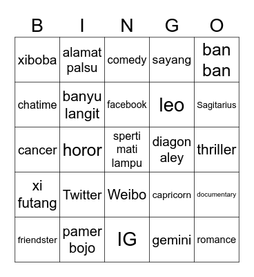 Bingonya neca Bingo Card