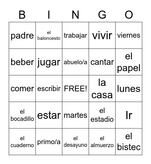 Spanish I review vocab Bingo Card