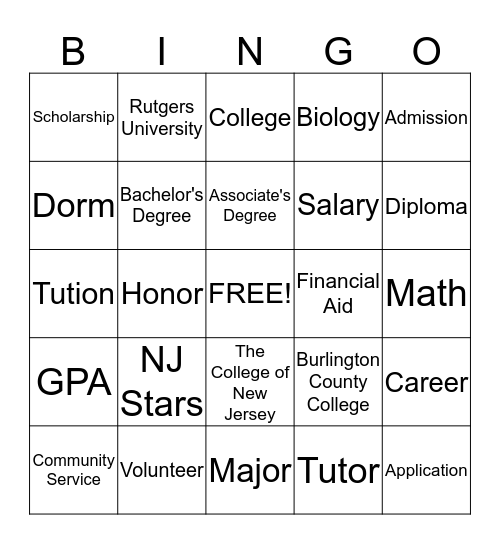 College and Careers Bingo Card