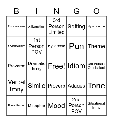 English I Honors Bingo Card