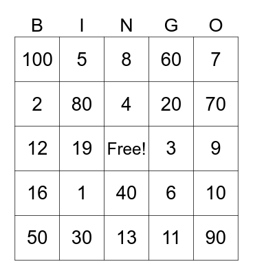 Number Bingo Card